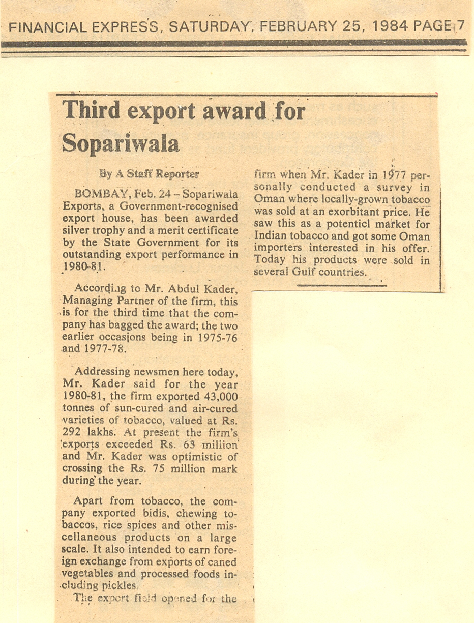 Third Export Award for Sopariwala Exports