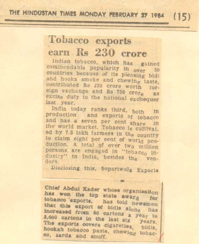 Tobacco exports generate ₹230 crore.